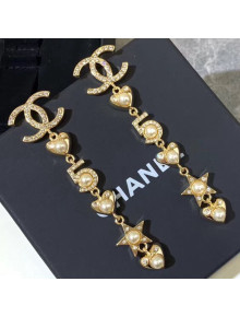 Chanel 5 Heart and Star Long Earrings AB2341 Gold/Pearly White/Crystal 2019