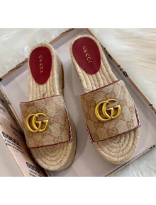 Gucci GG Matelassé Canvas Espadrille Sandal With Cord platform Beige/Burgundy 2020