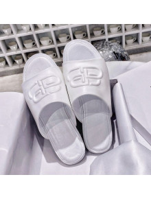 Balenciaga Oval BB Calfskin Flat Mules Slide Sandal All White 2020