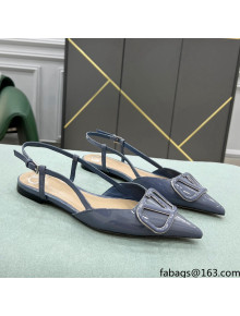 Valentino VLOGO SIGNATURE Patent Leather Slingback Flat Ballerina Blue 2022