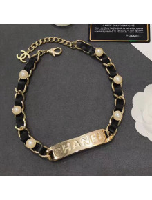 Chanel Chain Leather Tag Choker Necklace Black 2019