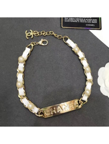 Chanel Chain Leather Tag Choker Necklace White 2019