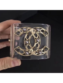 Chanel Resin Cutout Pearl CC Cuff Bracelet Black 2019