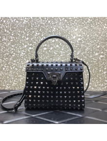 Valentino Small Rockstud Alcove Grainy Calfskin Handbag with All-Over Studs All Black 2021 0488