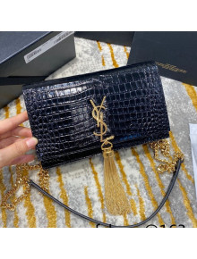 Saint Laurent Kate Chain Wallet with Tassel in Shiny Crocodile Embossed Leather 452159 Black/Gold