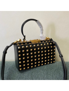 Valentino Rockstud Alcove Grainy Calfskin Box Bag with All-Over Studs Black/Gold 2021 4400