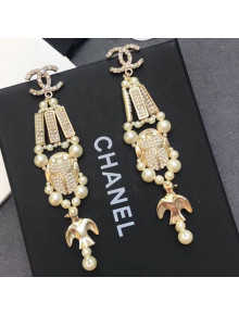 Chanel Beetle Pearl Long Earrings White/Gold 2019