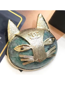 Chanel Resin Cat Head Brooch AB1782 Green/Gold 2019