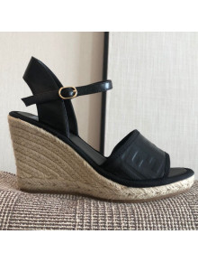 Fendi FF Leather Slingback Wedge Espadrilles Sandals Black 2020