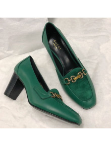 Gucci Calfskin Horsebit Mid-Heel Loafer Pumps 70mm Green 2020