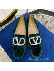 Valentino Garavani Crystal VLogo Velvet Flat Loafers Dark Green 2020