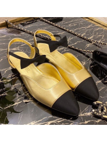 Chanel Laminated Leather Flat Mary Janes Slingback with Black Bow G36361 Gold 2020