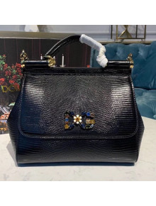 Dolce&Gabbana DG Sicily Medium Lizard Embossed Calfskin Top Handle Bag Black 2019