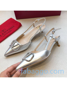 Valentino Crystal VLogo Metallic Leather Slingback 40mm Silver 2020