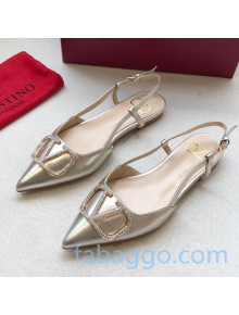 Valentino Crystal VLogo Metallic Leather Flat Slingback Gold 2020