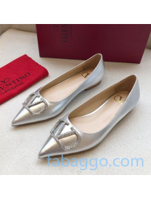 Valentino Crystal VLogo Metallic Leather Flat Ballerinas Silver 2020