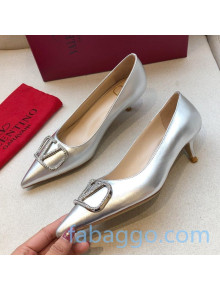 Valentino Crystal VLogo Metallic Leather Pumps 40mm Silver 2020