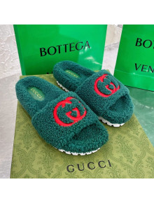 Gucci Shearling Slide Sandals with Interlocking G Embroidery Green 2020