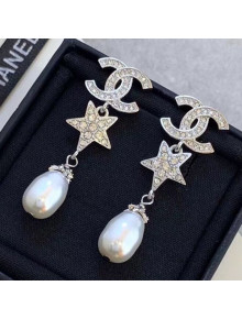 Chanel Crystal Star Pearl Short Earrings Silver 2020