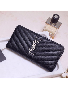 Saint Laurent Monogram Zip Around Wallet in Grained Leather 358094 Black/Silver 2021