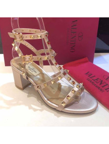 Valentino Rockstud Calfskin Ankle Strap Sandals 6.5cm Gold 2021 05