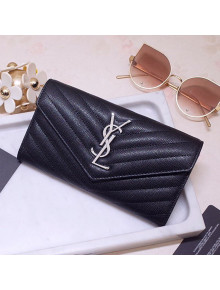 Saint Laurent Monogram Large Flap Wallet in Grained Leather 372264 Black/Silver 2021