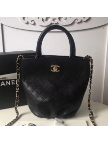 Chanel Quilted Calfskin Pleated Bucket Shopping Bag Black 2019