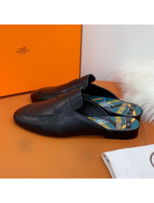 Hermes Catena Supple Calfskin Flat Mules with Cut out H Black 2021