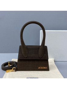 Jacquemus Le Chiquito Small Top Handle Bag in Crocodile Embossed Suede Dark Brown 2021