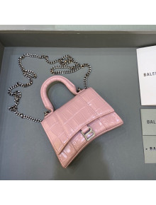 Balenciaga Hourglass Mini Nano Bag with Chain in Shiny Crocodile Calfskin Light Pink 2022 664676