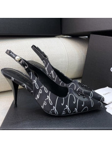 Chanel Vintage Silk Print Slingback Pumps 8cm Black 2021 02