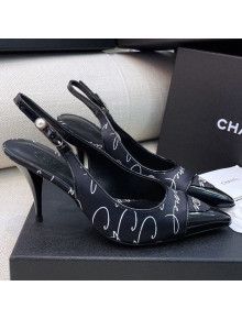 Chanel Vintage Silk Print Slingback Pumps 8cm Black 2021 03