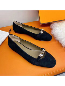 Hermes Kelly Suede Flat Loafers Black 2021