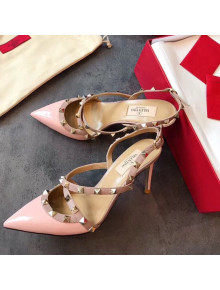 Valentino Rockstud Patent Leather Cross Strap Slingback Pumps 90MM Light Pink 2020