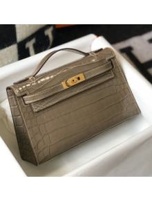 Hermes Mini Kelly Pochette 22cm in Crocodile Embossed Leather Grey/Gold 2020