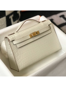 Hermes Mini Kelly Pochette 22cm in Crocodile Embossed Leather White/Gold 2020