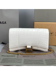 Balenciaga Hourglass Chain Wallet in Shiny Crocodile Leather White 2021