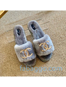 Chanel Wool Metal CC Flat Slide Sandals 06 Gray 2020