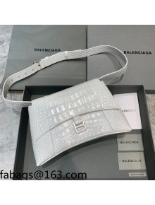 Balenciaga Hourglass Sling Back Large Bag in Shiny Crocodile Embossed Leather White/Silver 2021