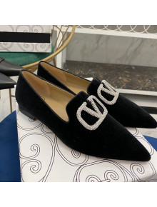 Valentino Crystal VLogo Velvet Flat Loafers with Pointed Toe Black 2021