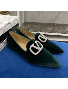 Valentino Crystal VLogo Velvet Flat Loafers with Pointed Toe Green 2021