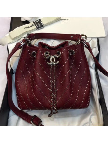 Chanel Studded Chevron Calfskin Bucket Bag Burgundy 2019