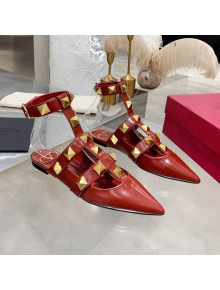 Valentino Roman Stud Lambskin Strap Flat Mules Burgundy 2021