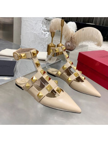 Valentino Roman Stud Lambskin Strap Flat Mules Light Nude 2021