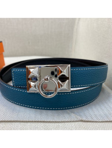 Hermes Glenan Reversible Calfskin Belt 25mm with Stud Buckle Blue 2021