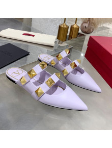 Valentino Roman Stud Calfskin Flat Mules Light Purple 2021