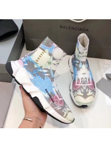 Balenciaga Graffiti Knit Sock Speed Trainer Sneaker Blue 2020