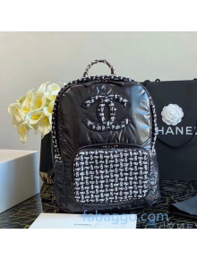 Chanel Tweed and Shiny Fabric Backpack with Down Feather Pad Black/White 2020