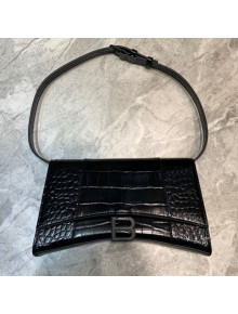 Balenciaga Hourglass Sling Shoulder Bag in All Black Shiny Crocodile Embossed Calfskin 2020