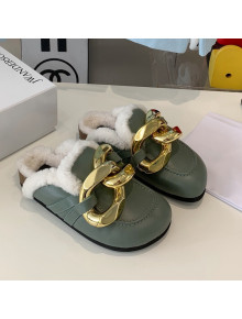 JW Anderson Calfskin Fur Chain Mules Green 2021